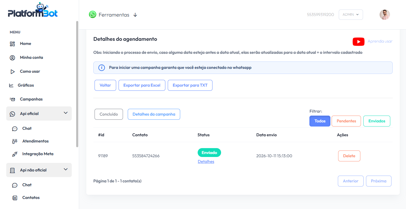 Detalhes de uma campanha com status dos destinatários e opções de exportação