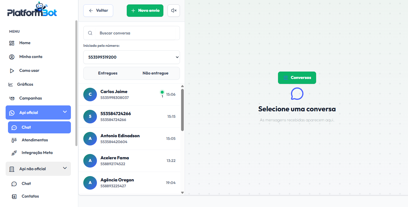Chat integrado da PlatformBot para consultar e responder conversas