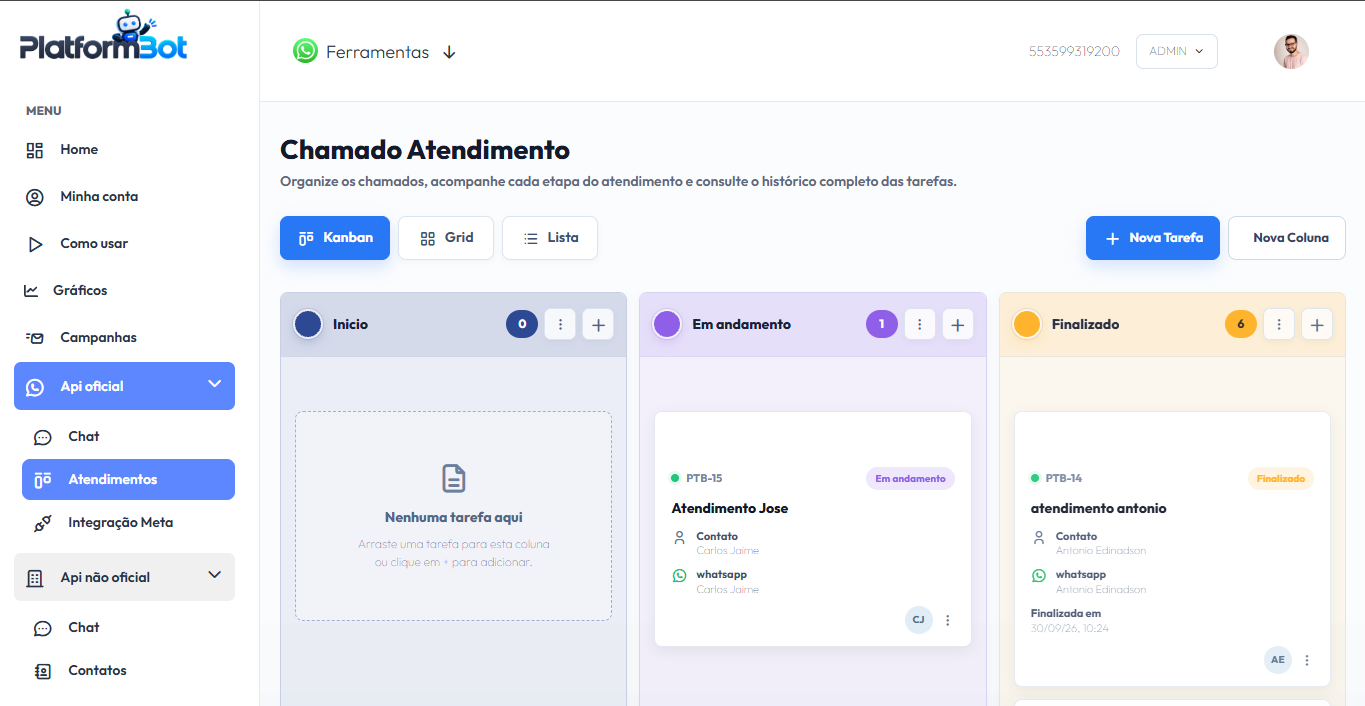 Quadro de chamados da PlatformBot em Kanban, com colunas de início, em andamento e finalizado