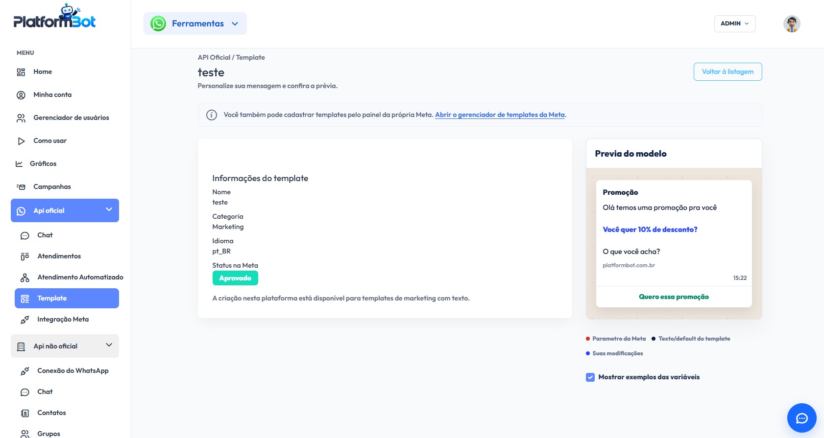Editor de template de marketing com prévia da mensagem e acompanhamento do status na Meta
